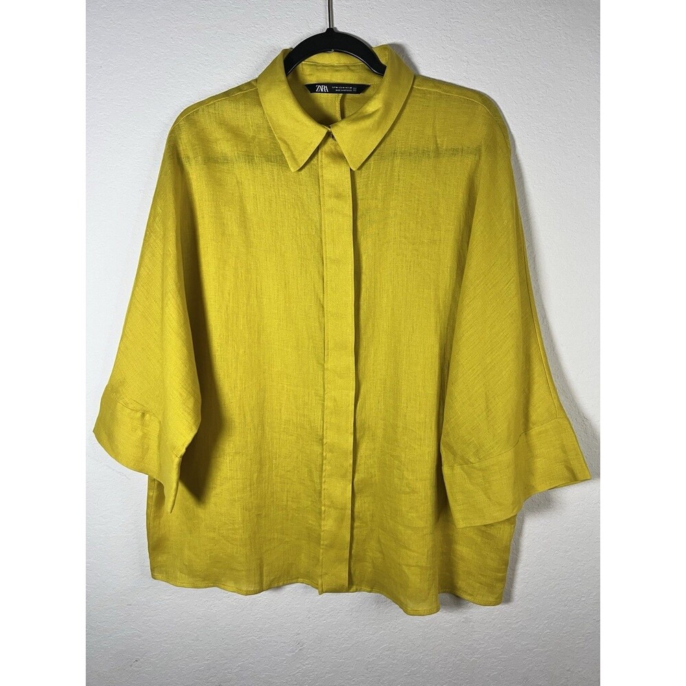 Zara Linen Button Up Summer Yellow Oversized 3/4 Sleeve Lightweight Shirt Size M